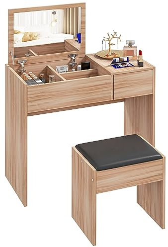 HOMCOM Porta trucchi con sgabello Tavolo da trucco con specchio, coperchio ribaltabile e contenitori 80x40x79 cm e 40x30x44 cm Naturale