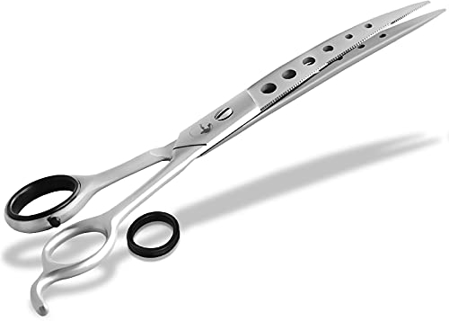 Premium Fellschere Gebogen Haarschere für Fell und Tierhaare Hundehaar-Schere 19,5 cm mit abgestumpften Spitzen EASY Glide Loch Design