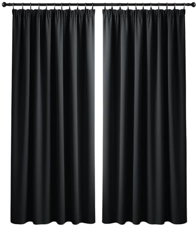 Yorkshire Bedding Pencil Pleat Curtains for Bedroom 90x72 Inch Black Curtains Room Darkening Super Soft Light Blocking Blackout Curtains 2 Panels with Tiebacks