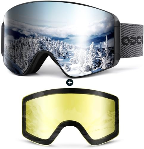 Odoland Skibrille für Damen und Herren Jungen Ski Goggles Anti-Fog UV-Schutz mit Magnetische Wechselglas Snowboardbrille Helmkompatible zum Snowboard Skifahren Schwarz Silber