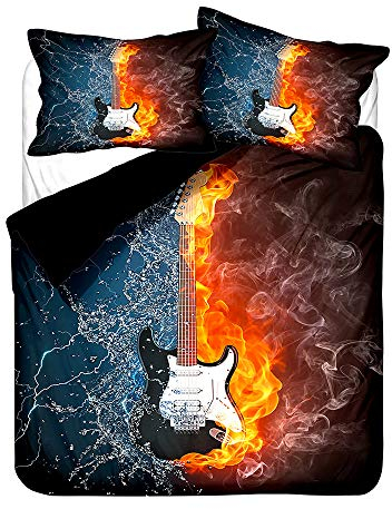 Hiser 3D Musik Gitarre Bettwäsche-Set - 3 Teilig, Mikrofaser & Satin, 135x200cm, 1 Bettbezug + 2 Kissenbezüge, Wasser Feuer Gitarre Muster