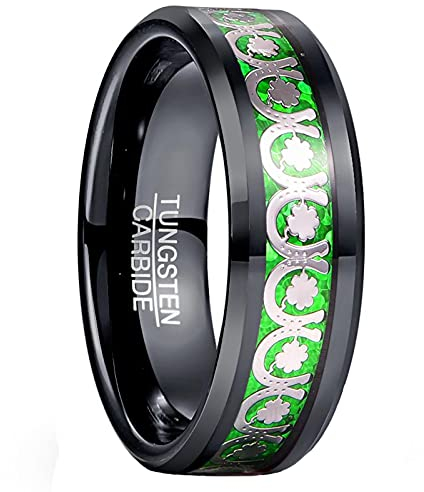 Vakki 8mm Wolframring für Herren/Damen Schwarz und Grün Eheringe Verlobungsring Partner Ring Bestes Geschenk mit Opalpapier Hufeisen und Klee Inlay Größe 65(20.7)