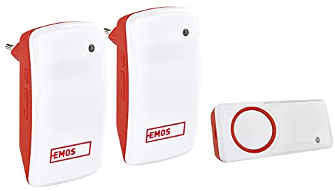 EMOS Batterielose Türklingel/Funkklingel Set mit 2 Empfängern, 150 m Reichweite und 10 Klingeltönen, 5 Stufen Lautstärke bis 110 dB/Visuelle Anzeige/Self-Learning Paarung/Farbe weiß/rot, P5750.2R