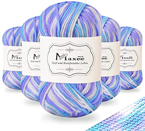 Maxee Handstrickgarn, 5x50 g Häkelgarn, Bunt Farbverlauf Acrylgarn zum Stricken, Weicher Wolle zum Häkeln, Mehrfarbiges Garn zum Stricken Häkeln und Basteln