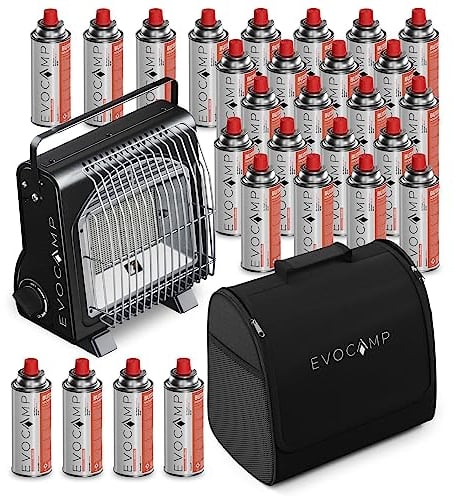EVOCAMP Chauffage à gaz portable, réchauffeur de camping 1,7 kW, chauffage céramique, chauffage mobile parfait pour l'intérieur et l'extérieur (+ 28 cartouches de gaz)