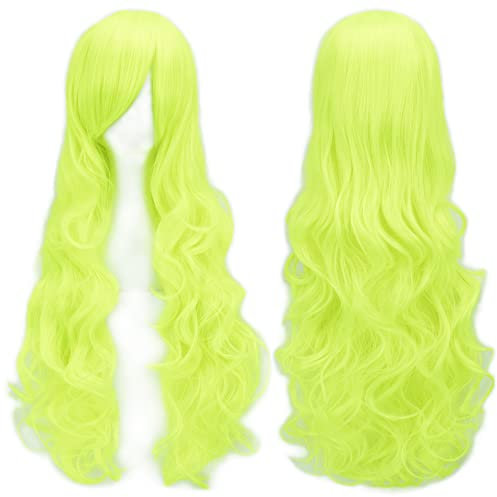 IMISSU 80cm Parrucca cosplay capelli lunghi ricci naturali con frangia Parrucche colorate per feste in costume di Halloween per le donne (Verde Fluorescente)