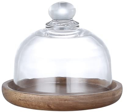 XIZHI Glaskuppel mit Holzsockel, Mini-Käsepflanzenplatte, Dessertteller, Kuchenteller für Käse, Süßigkeiten, dekorative und Sukkulenten, Display, Glocke, transparentes Glas, 10,5 x 9,5 x 8 cm