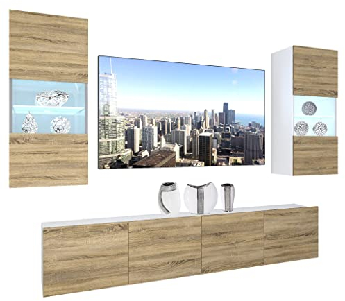 BELINI Wohnwand Vollausstattung Wohnzimmer-Set Moderne Schrankwand mit LED-Beleuchtung Anbauwand TV-Schrank Sonoma Eiche