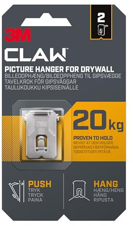 3M CLAW Picture Hooks for Hanging Paintings on Plaster Walls, 2 Hooks - Maximum Weight Tested up to 20 kg - Ideal for Attaching Heavy Objects, Mirrors, Home Decor, No Tools