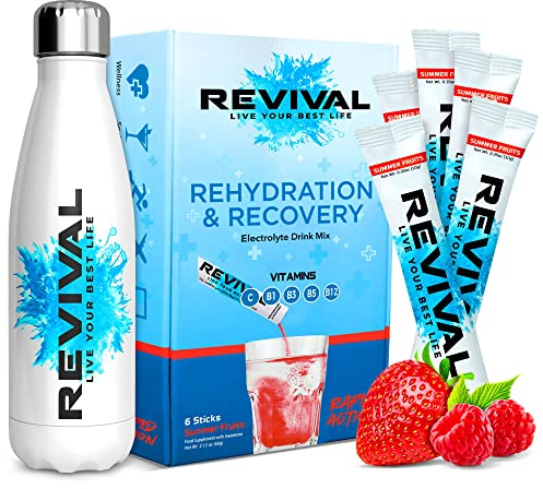 Revival Rapid Rehydration Starter Pack - 500ml Steel Water Bottle with 1 x 6 Packs Electrolytes Powder Sachets - Summer Fruits