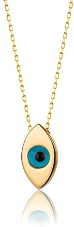 PRINS JEWELS Halskette Blaues Auge 14 Karat 585 Gold Gelbgold Anhänger | Halskette aus echtem 14 Karat 585 Gelbgold mit Blaues-Auge-Anhänger als Schutzsymbol gegen den bösen Blick
