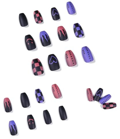 LICHUANUK 24 piezas de uñas postizas adhesivas cortas, patrón de llama de dos tonos, uñas postizas esmeriladas, uñas acrílicas con kit de pegamento para mujeres y niñas