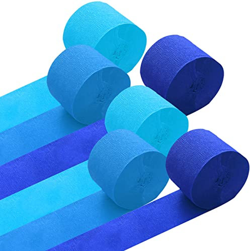 Lot de 6 Rouleaux Bleu Dégradé Papier Crépon 3 Couleurs(Bleu du lac,Bleu saphir,Bleu foncé) pour Décoration de Fête-25M x 4.5cm