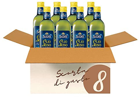 Riso Scotti Olio di Riso - Bottiglia Olio di Riso per Condimenti e Fritture Delicate - Sapore Dolce per Cibi Freddi e Insalate - Fonte di vitamina E, 0,75L x 8 pz