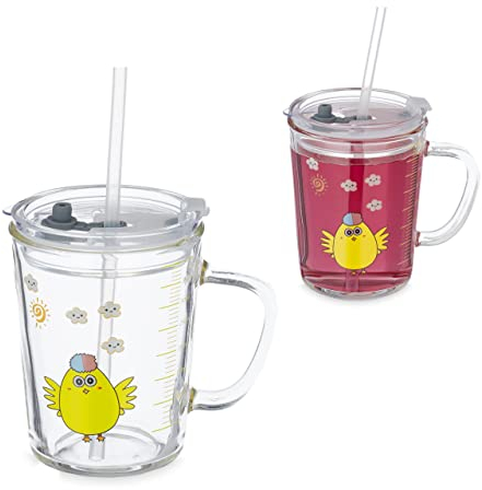 Relaxdays Verres pour Enfants, Lot de 2, Motif Poussin, Anse, Couvercle et Paille, gobelet doseur 400 ML, Transparent