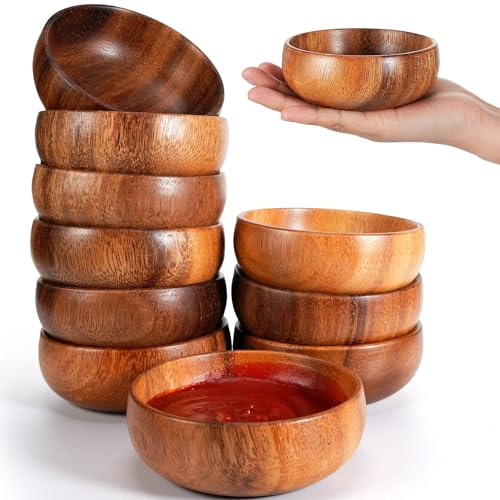 Skylety 10 Stück Akazienholz-Schalen, kleine Kalebassenschalen, rund, Holz, Salat, handgeschnitzt, Kalebasse, Dip-Tablett zum Servieren von Popcorn, Nudeln, Süßigkeiten, Müsli, Kokosnüssen, Soßen