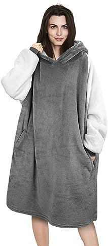 TOWINGO Übergroßes Hoodie Decken, Dick Warme Hoodie Sweatshirt, Einheitsgröße Kapuzenpullover für Damen, Herren, Erwachsene, Frauen, Jugendliche, Grau+Beige