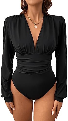 GORGLITTER Women's Plunging Deep V Neck Ruched Leotard Bodysuit Long Sleeve Slim Fit T Shirt Blouse Tops Black Tall M