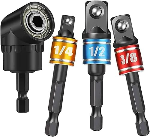 haierdidi 105° Winkelschrauber Vorsatz Adapter 1/4 Bohrer Sechskantschaft + 3 Tlg Stecknuss Adapter(1/4,3/8,1/2 Zoll) Für Bithaltersteckschlüssel Nuss Set