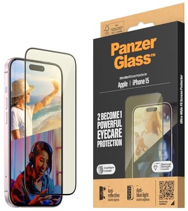 PanzerGlass™ Advanced Anti-Reflective and Anti-Blue Light Screen Protector for Apple iPhone 15, Protect Your Eyes, Protect Your Phone - Case friendly full screen protector with mounting aid