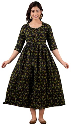 MAGHMA Women's Maternity Cotton Kurti for Feeding Dress with Zip Maxi Night Dress for Women, Green (green flower), M