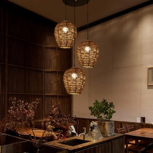 Pendelleuchte Rattan Boho Lampe Braun Hängend Rustikal Geflochten Hängelampe Korb Deckenlampe E27 für Schlafzimmer Wohnzimmer Esszimmer Flur Küche Holz Kronleuchter