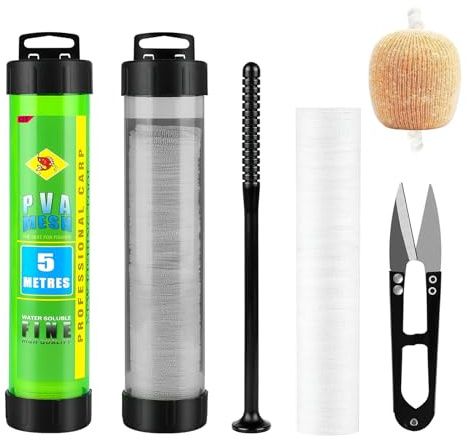 MOSTFUN Red de Pesca de PVA de 5 m, 18/25/37 mm de Ancho, Bolsa de PVA con Tijeras, Juego de Malla de PVA de Fusión Rápida con Embudo y Pistón para Cebo de Boilie
