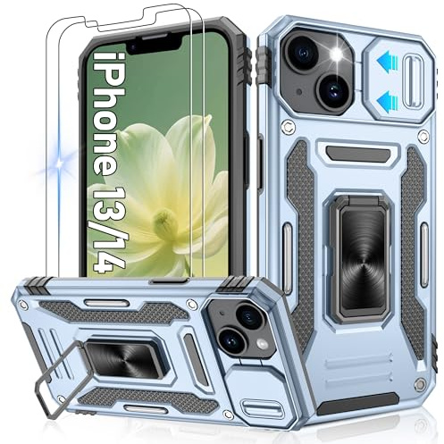 Jshru for iPhone 13/14 Phone Cases with Screen Protector [2 Pack] and Slide Camera Cover,Military Grade Shockproof Phone Case,Ring Kickstand Phone Cover,iP 13/14 Light Blue