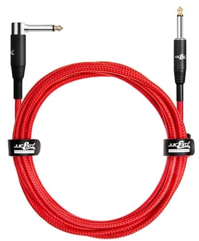 JuicEBitz 1m Red Braided Electric Guitar Cable, 6.35mm Jack to Jack Plug, Pro Series Amplifier Speaker Cable, Straight to Angled Connectors, Studio Performance
