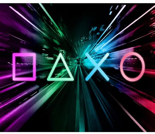 decomonkey - Papier Peint Panoramique Hobby 350x256 cm - Décoration murale – Tapisserie décorative pour chambre salon - Ville adolescent symboles passe-temps jeux jeux néon pour les enfants