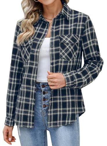 Aottori Chemisier Femme à Carreaux Manches Longues A-Marine Blanc M