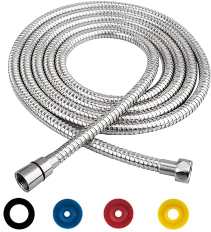 Edelstahl Brauseschlauch 3m, Duschschlauch Verdrehschutz Universal Duschschlauch Flexibel, mit 4 Wassersparer Durchflussbegrenzer, Standard 1/2 Anschluss, Druckbeständig, Hitzebeständig, Silber