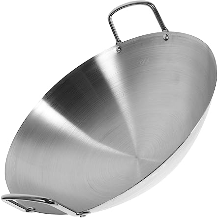MAGICLULU Wok De Acero Inoxidable Gran Plancha Para Wok Sartén Para Saltear Sartén Para Tortilla Sartén Para Wok Chino Wok De Fondo Redondo Con 2 Asas Wok De Doble Mango Utensilios