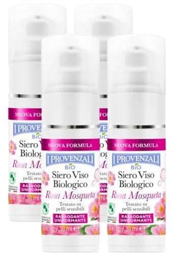 Siero Viso Biologico, ROSA MOSQUETA, Testato Su Pelli Sensibili. Rende La Pelle Più Idratata, Morbida, Rassodata e Uniforme. Ideale Come Base Trucco 30ml (4 Unità)