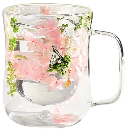 Uozonit Tasse en verre à double paroi | Tasses à thé | 400 ml – Tasses à café en verre à fleurs séchées avec poignée pour femme et elle