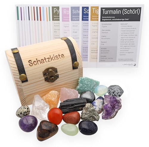 Cofre del tesoro con 18 piedras preciosas seleccionadas a mano, piedras en bruto, piedras tamboreadas + tarjetas informativas de piedras preciosas, cofre del tesoro para niños, piratas, búsqueda del