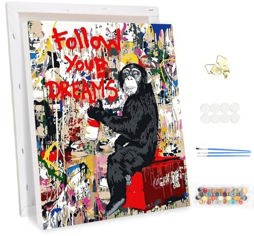 MEIYUDA Peinture par Numero Adulte avec Cadre Graffiti de la rue Monkey, DIY Peinture Acrylique pour Adultes Débutants Facile sur Toile Avec Peintures et Pinceaux Decoration Maison Cadeau 30x40cm