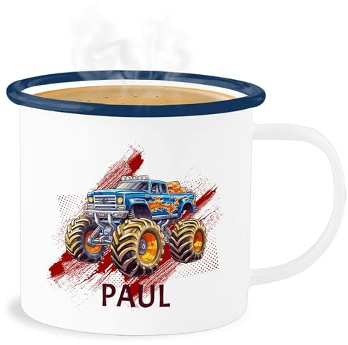 Emaille Becher Blechbecher - Auto - Monstertruck mit Name | Monster Truck Personalisiert | Riesentruck - 300 ml - Weiß Blau - cars automotiv tasse autos motiv und personalisieren sportwagen und.