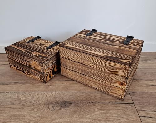PYXIDAS Wooden Crates With a Lid, medium, small Perfect For Stylish Storage. Made From Wood, Combining Durability And Elegance For Any Space. (Burnt Effect, 34x24x19, 30x20x15)