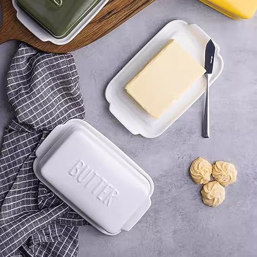 Porcelain Covered Butter Dish with Lid for Countertop Butter Holder Container for One Stick of Butter. Textured Tray Butter Keeper for Non Slip Storage-White Small