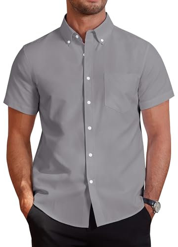 J.VER Men's Short Sleeve Shirt Smart Casual Regular Fit Cotton Button Down Oxford Non Iron Business Work Office Summer Dress Shirts Grey 2XL