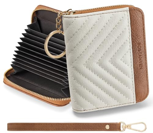 BOSTANTEN Kreditkartenetui, Geldbörse RFID-Schutz, PU Leder kleine Geldbörse für Damen Portemonnaie Card Holder mit Armband, Beige mit Braun