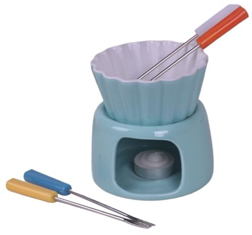 KANLVU Keramik Schokoladenfondue Schmelztopf Für Schokofondue Mit Gabeln Käsefondue Für Tapas Zu Weihnachten, Valentinstag Oder Geburtstag Fondueset(Blau)