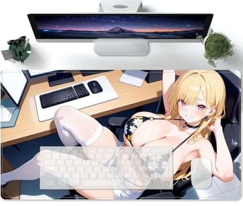 PORNHUX Fille Sexy d'anime Ecchi Mousepad XXL 800x300 Grand Clavier d'ordinateur, Tapis de Bureau, Surface Douce et Lisse et Base en Caoutchouc antidérapant, Tapis de Souris étanche XXL