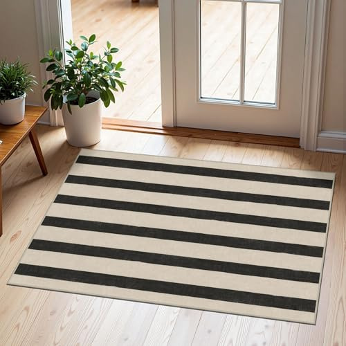 Othilic Black and White Striped Outdoor Rug – 5 ft x 7.6 ft, Non-Slip Mat for Outdoor, Washable, for Indoor and Outdoor, Entrance Rug, Small Layered Rugs for
