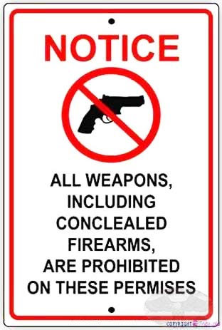 FJQWKLF Blechschild Straßenschild Warnschild Metalldose Alle Waffen, einschließlich versteckter Schusswaffen, sind auf diesen Räumlichkeiten verboten Dekor Wand Büroschilder für 12x16 Zoll