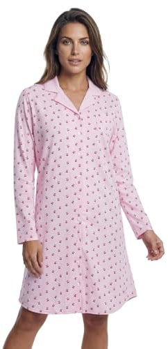 Zeitlos Nachthemd Damen Langarm Holly mit Kirschen M-2XL Schlafshirt durchgehende Knopfleiste mit Kragen
