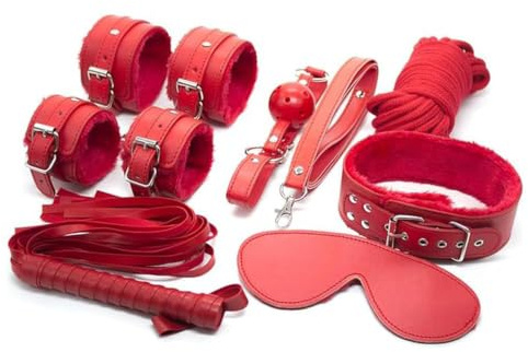 Set de juego de rol de 7 piezas de cuero rojo de felpa para fiestas, ideal para aumentar la diversión