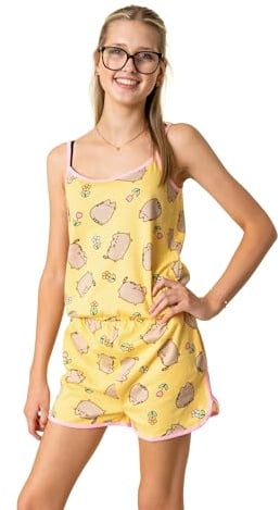 Pusheen the Cat Girls Yellow Sleeveless Playsuit | Cartoon Character Pattern Casual Wear | Elastic Waistband with Pockets | Round Neck Summer Apparel for Kids