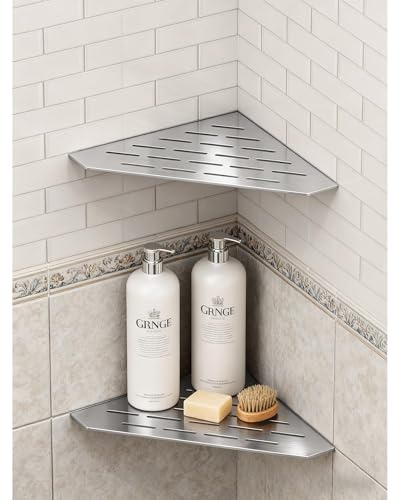 Homevacious 2 Pack 10 Corner Shower Shelf 304 Stainless Steel Grout in Bathroom Shower Shelf for Tiled Wall Slot Design Recessed Corner Shelves No Drilling Brushed Nickel